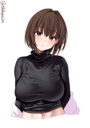 Rule 34 | 1girl, black sweater, blush, breasts, brown eyes, brown hair, cropped torso, ebifurya, hair intakes, highres, hyuuga (kancolle), kantai collection, large breasts, long sleeves, looking at viewer, navel, one-hour drawing challenge, parted lips, short hair, simple background, solo, sweater, turtleneck, turtleneck sweater, twitter username, upper body, white background