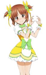 Rule 34 | 1girl, blush, bow, brown eyes, brown hair, choker, closed mouth, commentary, cosplay, cowboy shot, cure rosetta, cure rosetta (cosplay), dokidoki! precure, dress, earrings, flower, frilled cuffs, fuchigami mai, girls und panzer, green bow, green choker, hair flower, hair ornament, hair ribbon, hair up, head tilt, heart, heart hands, jewelry, kayabakoro, looking at viewer, magical girl, nishizumi miho, precure, puffy short sleeves, puffy sleeves, ribbon, short hair, short sleeves, short twintails, simple background, smile, solo, standing, twintails, voice actor connection, white background, yellow dress, yellow ribbon