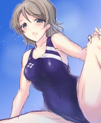 Rule 34 | 10s, 1girl, ahharahhar, bad id, bad pixiv id, blue eyes, blue one-piece swimsuit, brown hair, competition swimsuit, highres, love live!, love live! sunshine!!, one-piece swimsuit, open mouth, short hair, solo, spread legs, squatting, swimsuit, watanabe you