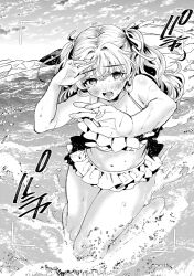 Rule 34 | 1girl, arms up, beach, bikini, blonde hair, blush, embarrassed, filter-goshi no kanojo, greyscale, hand up, highres, koto mitsuha, long hair, looking at viewer, monochrome, official art, purple eyes, solo, swimsuit, very long hair, water