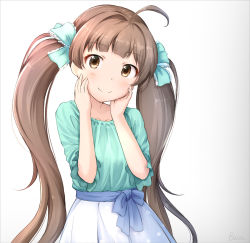 Rule 34 | 1girl, ahoge, basa rutan, blue skirt, blush, bow, brown eyes, brown hair, closed mouth, collarbone, gradient background, green bow, green shirt, grey background, hair bow, hakozaki serika, hands on own face, hands up, highres, idolmaster, idolmaster million live!, idolmaster million live! theater days, long hair, pleated skirt, polka dot, polka dot skirt, shirt, short sleeves, sidelocks, signature, skirt, smile, solo, twintails, very long hair, white background