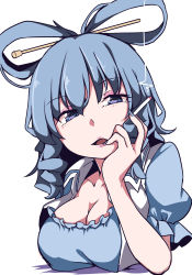 Rule 34 | 1girl, absurdres, blue dress, blue eyes, blue hair, blue nails, breasts, cigarette, cleavage, collarbone, commentary request, dress, drill hair, drill sidelocks, eyeshadow, frills, gokuu (acoloredpencil), hair ornament, hair rings, hair stick, hand up, head tilt, highres, holding, holding cigarette, kaku seiga, large breasts, lipstick, looking at viewer, makeup, nail polish, open mouth, pink lips, puffy short sleeves, puffy sleeves, short hair, short sleeves, sidelocks, simple background, smile, smoke, solo, touhou, upper body, vest, white background, white vest