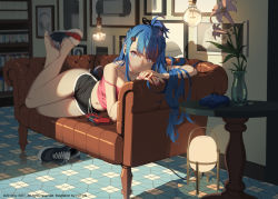 Rule 34 | ai-chan (playstation), bare legs, black shorts, blue eyes, blue hair, blurry, blurry background, blush, bookshelf, chinese commentary, collarbone, commentary request, controller, couch, dualshock, eyelashes, flower, full body, game console, game controller, gamepad, hair ornament, handheld game console, highres, indoors, lamp, legs, light bulb, long hair, looking at viewer, lying, midriff, nail polish, navel, no socks, on couch, on side, picture frame, pink nails, pink shirt, playstation 3, playstation controller, playstation portable, shadow, shirt, unworn shoe, shoes, unworn shoes, short shorts, shorts, smile, sneakers, soles, sony, strap slip, tank top, tile floor, tiles, vase, vofan
