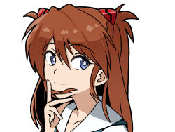 Rule 34 | 1girl, blue eyes, brown hair, commentary, light smile, long hair, looking at viewer, multicolored clothes, neon genesis evangelion, playing with own hair, portrait, red headwear, red ribbon, ribbon, sashimi (sasihmi), school uniform, serafuku, simple background, solo, souryuu asuka langley, tagme, upper body, white background