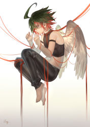 Rule 34 | 1boy, absurdres, ahoge, angel wings, armband, artist name, barefoot, crop top, dyed bangs, from side, full body, gradient background, green hair, highres, male focus, midriff, multicolored hair, navel, qing heshang, red eyes, red hair, sakaki yuya, signature, solo, string, two-tone hair, wings, yu-gi-oh!, yu-gi-oh! arc-v