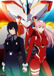 Rule 34 | 10s, 1boy, 1girl, black hair, blue eyes, breasts, commentary, couple, darling in the franxx, gloves, green eyes, hairband, highres, hiro (darling in the franxx), holding hands, horns, large breasts, long hair, looking at viewer, oni horns, pilot suit, pink hair, red gloves, short hair, signature, souqran, strelizia, white gloves, white hairband, zero two (darling in the franxx)