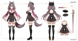 Rule 34 | 1girl, animal ears, banned artist, beret, black bra, black dress, black footwear, black headwear, black ribbon, boots, bra, breasts, brown hair, cartoon bone, character sheet, chisaka airi, cleavage, coat, collar, collarbone, color guide, colored inner hair, copyright notice, detached collar, dress, flower, frilled dress, frills, from behind, from side, hair flower, hair ornament, hat, high heel boots, high heels, highres, large breasts, long hair, multicolored hair, muryotaro, necktie, official art, paw print, phase connect, pink hair, red necktie, ribbon, second-party source, shadow, short necktie, sleeveless, sleeveless dress, smile, sword, tail, thigh boots, twintails, underwear, virtual youtuber, weapon, white collar, white flower, white hair, wolf ears, wolf girl, wolf tail, yellow eyes