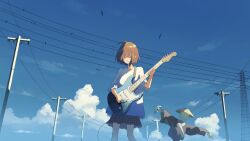 1girl bird blue_sky cloud guitar highres instrument music original outdoors playing_instrument sky smile solo sunlight taizo_(taizo_03)