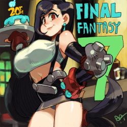 Rule 34 | 1girl, alex ahad, anniversary, black hair, blush, breasts, closed mouth, final fantasy, final fantasy vii, gloves, highres, holding, large breasts, long hair, looking at viewer, midriff, navel, red eyes, smile, solo, tifa lockhart