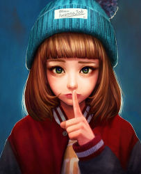 Rule 34 | 1girl, absurdres, arm up, blue background, blush, brown hair, commentary request, finger to mouth, fingernails, green eyes, green hat, hat, highres, jacket, jungon kim, knit hat, looking at viewer, medium hair, original, red jacket, simple background, skull cap, solo