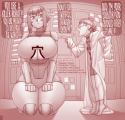 Rule 34 | 1boy, 1girl, ahoge, android, anger vein, breasts, clothing cutout, ekz (robotekz), english text, glasses, hands on own thighs, height difference, kneeling, lab coat, large breasts, monochrome, original, pointing, seiza, shorts, sidelocks, sitting, socks, sound effects, underboob, underboob cutout