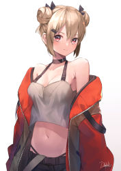 Rule 34 | 1girl, absurdres, bare shoulders, belt, black choker, black panties, black ribbon, blonde hair, blush, breasts, choker, cleavage, closed mouth, coat, collarbone, cowboy shot, crop top, dhokidoki, double bun, hair ornament, hair ribbon, hairclip, highres, long sleeves, looking at viewer, medium breasts, navel, open clothes, open coat, original, panties, red coat, red eyes, ribbon, short hair, signature, simple background, smile, solo, stomach, underwear, white background