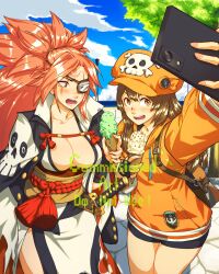 Rule 34 | 2girls, absurdres, amputee, baiken, big hair, bike shorts, black gloves, black jacket, black kimono, black shorts, breasts, brown hair, cellphone, cloud, cloudy sky, eyepatch, facial tattoo, fingerless gloves, gloves, guilty gear, guilty gear strive, highres, holding, holding food, holding ice cream, holding phone, hood, hoodie, ice cream, ice cream cone, jacket, jacket on shoulders, japanese clothes, kimono, large breasts, long hair, looking at viewer, may (guilty gear), multicolored clothes, multicolored kimono, multiple girls, one-eyed, open clothes, open kimono, open mouth, orange eyes, orange headwear, orange hoodie, orange shirt, outdoors, phone, pink hair, ponytail, red eyes, samurai, sash, scar, scar across eye, shirt, shorts, skull and crossbones, sky, smartphone, tattoo, toadsterz, torn sleeve, watermark, white kimono