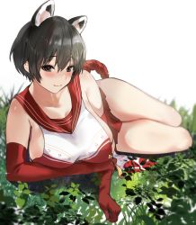 Rule 34 | 1girl, alracoco, animal ears, bare shoulders, black eyes, black hair, blue archive, blush, breasts, cleavage, collarbone, elbow gloves, gloves, grass, highres, large breasts, looking at viewer, lying, on side, red gloves, red skirt, short hair, sideboob, sideless outfit, skirt, smile, solo, thighs, tsubaki (blue archive)