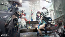 Rule 34 | 1boy, 2girls, :o, animal ears, arknights, artist request, back, backless outfit, bandaged arm, bandages, bare legs, bare shoulders, bead bracelet, beads, bear ears, black eyes, black footwear, black hair, blue dress, blue skin, bracelet, brown headwear, ceiling light, closed mouth, colored skin, crop top, cropped jacket, crossed arms, day, dragon, dragon girl, dragon horns, dragon tail, dress, dusk (arknights), dusk (everything is a miracle) (arknights), earrings, eyewear on head, feater (arknights), feater (gourmet) (arknights), feather tails, feet out of frame, grey scarf, hair ornament, hair over one eye, high heels, highres, horns, indoors, ink, jacket, jewelry, kneeling, long sleeves, midriff, mr. nothing (arknights), mr. nothing (pale rising moon) (arknights), multicolored hair, multiple girls, navel, official alternate costume, official art, open clothes, open jacket, orange eyes, pants, parted lips, pointy ears, red-tinted eyewear, red eyes, red hair, red jacket, round eyewear, scarf, shirt, silver hair, sleeveless, sleeveless dress, smile, standing, stomach, streaked hair, sunglasses, table, tail, tinted eyewear, twintails, two-tone hair, vase, wavy hair, white pants, white shirt, window