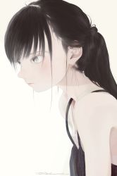 Rule 34 | 1girl, absurdres, bare shoulders, black hair, closed mouth, commentary request, eyelashes, from side, grey eyes, highres, junito715, lips, looking away, original, ponytail, signature, simple background, sleeveless, solo, strap gap, upper body