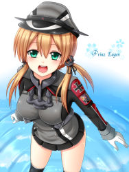 Rule 34 | 10s, 1girl, anchor hair ornament, blonde hair, blue eyes, breasts, character name, cross, gloves, hair ornament, hanazome dotera, hat, iron cross, jacket, kantai collection, long sleeves, microskirt, military, military uniform, open mouth, peaked cap, prinz eugen (kancolle), ripples, skirt, smile, solo, thighhighs, twintails, uniform, water, white gloves