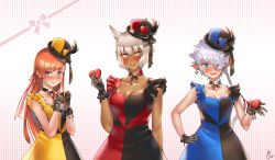 Rule 34 | 3girls, absurdres, alisaie leveilleur, animal ears, annoyed, arm at side, bare arms, black dress, blind, blue dress, blue eyes, box, braid, breasts, cat ears, cat girl, cleavage, closed mouth, collar, collarbone, dark-skinned female, dark skin, dress, earclip, elezen, elf, embarrassed, facial mark, fang, final fantasy, final fantasy xiv, frills, furrowed brow, gift, gift box, gloves, grey eyes, grey hair, hair over one eye, hand on own hip, hand up, hands up, hat, heart, heart-shaped box, highres, hjz (artemi), holding, holding gift, hyur, incoming gift, long hair, looking at viewer, miqo&#039;te, multicolored clothes, multicolored dress, multiple girls, open mouth, parted lips, pointy ears, red dress, red hair, ryne waters, short hair, single braid, sleeveless, sleeveless dress, slit pupils, smile, upper body, valentine, y&#039;shtola rhul, yellow dress