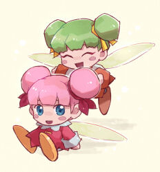Rule 34 | 2girls, :d, ^ ^, alternate hairstyle, blue eyes, blunt bangs, blush, blush stickers, character request, chiimako, closed eyes, commentary request, double bun, dress, fairy, fairy wings, green hair, hair bun, hair ribbon, kirby (series), kirby 64, long sleeves, looking at viewer, multiple girls, nintendo, open mouth, pink hair, red dress, red ribbon, ribbon, ribbon (kirby), simple background, sleeve cuffs, smile, wings, yellow background, yellow ribbon