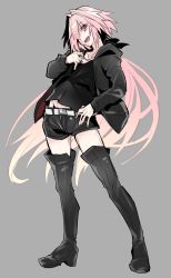 Rule 34 | 1boy, artoria pendragon (fate), astolfo (fate), belt, black bow, black footwear, black hoodie, black ribbon, black shirt, black shorts, boots, bow, commentary request, denim, denim shorts, eyes visible through hair, fang, fate/apocrypha, fate (series), grey background, hair down, hair intakes, hand on own hip, haoro, highres, hood, hoodie, long hair, long sleeves, male focus, multicolored hair, official alternate costume, pink eyes, pink hair, ribbon, saber alter (ver. shinjuku 1999) (fate), shirt, shorts, simple background, skin fang, solo, standing, streaked hair, thigh boots, thighhighs, very long hair, white belt, white hair, zettai ryouiki