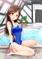 Rule 34 | 10s, 1girl, bad id, bad twitter id, barefoot, blush, breasts, brown eyes, brown hair, cleavage, competition swimsuit, covered navel, idolmaster, idolmaster cinderella girls, idolmaster cinderella girls starlight stage, long hair, looking at viewer, mobuko (akita komachi), nitta minami, one-piece swimsuit, open mouth, plant, pool, potted plant, rei no pool, sitting, smile, solo, swimsuit, wariza, water, wet