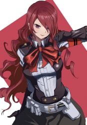 Rule 34 | 1girl, belt, belt buckle, black gloves, black jacket, black skirt, bow, bowtie, breasts, buckle, closed mouth, collared shirt, curly hair, evoker, gloves, hair over one eye, hand up, highres, jacket, kirijou mitsuru, large breasts, long hair, long sleeves, looking at viewer, persona, persona 3, persona 3 reload, red bow, red bowtie, red eyes, red hair, red lips, ribbed shirt, s-m-53413, shirt, skirt, smile, solo, swept bangs, upper body, white shirt