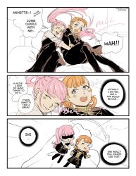 Rule 34 | 2girls, annette fantine dominic, bed, closed mouth, comic, darkgreyclouds, english text, closed eyes, fire emblem, fire emblem: three houses, garreg mach monastery uniform, highres, hilda valentine goneril, long hair, long sleeves, multiple girls, nintendo, open mouth, orange hair, pillow, pink hair, smile, twintails, uniform