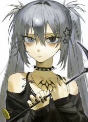 Rule 34 | 1girl, 6kal a, black nails, choker, closed mouth, collarbone, grey eyes, grey hair, hair between eyes, hair in own mouth, hair intakes, hair ornament, hands up, heterochromia, highres, holding, jewelry, long hair, long sleeves, looking at viewer, nail polish, necklace, original, punk, safety pin, simple background, sleeves past wrists, solo, spiked choker, spikes, star (symbol), star hair ornament, sweatdrop, tattoo, twintails, upper body, white background