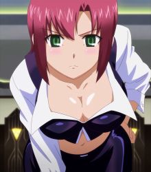 Rule 34 | 10s, 1girl, blush, breasts, cleavage, croupier, green eyes, hand on own hip, highres, hip focus, large breasts, leaning forward, midriff, miniskirt, navel, pink hair, red hair, rio -rainbow gate!-, rio rollins, screencap, skirt, solo, stitched, super blackjack, third-party edit