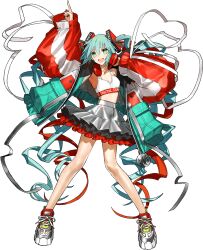 Rule 34 | alternate costume, aqua eyes, aqua hair, bare shoulders, breasts, full body, hatsune miku, headphones, headphones around neck, highres, jacket, legs, long hair, open mouth, pointing, pointing up, shoes, skirt, small breasts, smile, sneakers, transparent background, twintails, vocaloid, wada arco