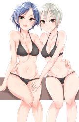 Rule 34 | 2girls, :d, arm around waist, arm at side, bare arms, bare shoulders, bikini, black bikini, blonde hair, blue hair, breasts, brown eyes, cleavage, closed mouth, collarbone, earrings, eyelashes, gluteal fold, hand on another&#039;s thigh, hayami kanade, highres, idolmaster, idolmaster cinderella girls, jewelry, looking at viewer, medium breasts, multiple girls, navel, o-ring, o-ring bikini, open mouth, parted bangs, shiomi syuko, shirushiru (saitou888), short hair, simple background, sitting, smile, stomach, stud earrings, swimsuit, thighs, white background