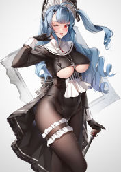 Rule 34 | 1girl, absurdres, ahoge, arm at side, azur lane, black bow, black dress, black gloves, black leotard, black pantyhose, blue hair, bonnet, bow, breasts, cane, clothing cutout, covered navel, cowboy shot, cross, cross hair ornament, cross necklace, curly hair, dress, facial mark, forked tongue, gloves, grey background, hair ornament, hand up, heart, highres, holding, holding cane, jewelry, large breasts, leotard, long hair, long sleeves, looking at viewer, lubikaya, maid headdress, marco polo (azur lane), marco polo (the queen of hearts) (azur lane), necklace, official alternate costume, one eye closed, one side up, open mouth, pantyhose, picture frame, pointing, pointing at self, red eyes, red neckwear, showgirl skirt, sleeve cuffs, solo, thigh strap, tongue, tongue out, underboob, underboob cutout