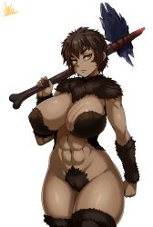 Rule 34 | 1girl, abs, absurdres, axe, battle axe, body fur, bone, bone axe, bone weapon, breasts, brown hair, bruise, closed mouth, colored skin, crossover, fang, fang out, fur collar, godzilla (series), godzilla vs. kong, highres, holding, holding weapon, injury, jmg, king kong, king kong&#039;s battle axe, king kong (series), large breasts, leather, leather straps, legendary pictures, looking at viewer, monster girl, monsterverse, navel, personification, scar, scar on breast, scar on stomach, short hair, simple background, solo, spikes, thighs, weapon, white background, yellow eyes