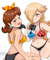 Rule 34 | 2girls, bikini, blonde hair, blue eyes, breasts, brown hair, cameltoe, cleavage, controller, earrings, enuzemu mldre, flower earrings, game controller, grin, hair over one eye, jewelry, large breasts, long hair, looking at viewer, mario (series), mario kart, mario kart tour, medium breasts, multiple girls, navel, nintendo, nintendo switch, open mouth, princess daisy, princess daisy (swimwear), ribbon, rosalina, shiny skin, smile, super mario galaxy, swimsuit, thigh gap, thighs, tomboy
