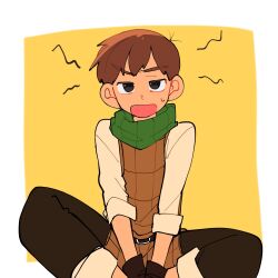 Rule 34 | 1boy, annoyed, black eyes, brown hair, brown pants, brown vest, chilchuck tims, commentary, dungeon meshi, green scarf, highres, long sleeves, looking at viewer, male focus, open mouth, pants, sansai 100, scarf, shirt, short hair, simple background, solo, sweatdrop, vest, white shirt, yellow background