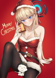 Rule 34 | 1girl, absurdres, bare shoulders, blonde hair, blue archive, blue eyes, breasts, christmas, cleavage, elbow gloves, gloves, hat, highres, long hair, looking at viewer, mr2d, pantyhose, red hat, smile, solo