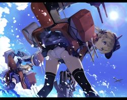 Rule 34 | 10s, 2girls, aircraft, airplane, amagai tarou, anchor hair ornament, ass, bare shoulders, bismarck (kancolle), black ribbon, black skirt, blonde hair, blue eyes, blush, cross, dutch angle, from behind, gloves, grey legwear, hair ornament, hat, iron cross, kantai collection, leaning forward, letterboxed, long hair, looking at viewer, looking back, machinery, microskirt, military, military hat, military uniform, multiple girls, over-kneehighs, panties, pantyshot, peaked cap, prinz eugen (kancolle), ribbon, skirt, smile, standing, sun, thighhighs, turret, twintails, underwear, uniform, water, white gloves, white panties