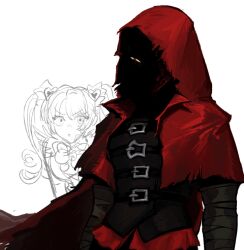Rule 34 | 2girls, bandaged arm, bandages, belt, black shirt, cape, hood, hooded cape, little red riding hooded mercenary, lobotomy corporation, looking to the side, maipll two, multiple girls, project moon, queen of hatred, red cape, red eyes, shaded face, shirt, simple background, two side up, upper body, white background