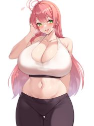 Rule 34 | 1girl, arm behind back, bare shoulders, black pants, blue archive, breasts, cleavage, collarbone, commentary, cowboy shot, curvy, green eyes, halo, hanako (blue archive), hand up, heavy breathing, highres, huge breasts, kuavera, long hair, looking at viewer, navel, pants, pink hair, simple background, skindentation, smile, solo, sports bra, sportswear, thigh gap, very long hair, white sports bra, wide hips, yoga pants