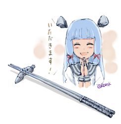 Rule 34 | 10s, 1girl, 4suke, :d, blue hair, blush, check commentary, closed eyes, commentary request, hair ribbon, headgear, kantai collection, long hair, murakumo (kancolle), one-hour drawing challenge, open mouth, own hands together, red ribbon, ribbon, simple background, smile, solo, translation request, tress ribbon