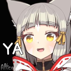 Rule 34 | !, 1girl, alten, animal ears, blunt bangs, cat ears, commentary, english commentary, facial mark, highres, hololive, meme, nia (xenoblade), parody, shirakami fubuki, short hair, silver hair, solo, virtual youtuber, xenoblade chronicles (series), xenoblade chronicles 2, yellow eyes, zooming in