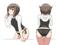 Rule 34 | 10s, 1girl, arm support, ass, bikini, bikini bottom only, black panties, breasts, brown eyes, brown hair, cowboy shot, from behind, hair between eyes, headgear, hood, hooded jacket, jacket, kantai collection, leaning forward, looking at viewer, multiple views, no pants, panties, pointing, pointing at self, short hair, small breasts, swimsuit, taihou (kancolle), tamu (mad works), thighs, underwear