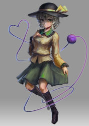 Rule 34 | 1girl, absurdres, black footwear, black hat, boots, bow, breasts, buttons, closed mouth, commentary request, diamond button, expressionless, eyeball, frilled shirt collar, frilled sleeves, frills, full body, green eyes, green skirt, grey background, grey hair, hakonnbo, hand on own chest, hat, hat bow, heart, heart of string, highres, komeiji koishi, long sleeves, looking at viewer, medium breasts, shirt, short hair, skirt, skirt hold, solo, third eye, touhou, yellow bow, yellow shirt