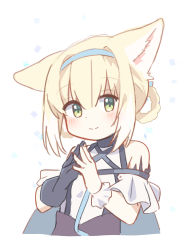 Rule 34 | 1girl, animal ear fluff, animal ears, arknights, bare shoulders, black gloves, blonde hair, blue hairband, blush, braid, braided hair rings, closed mouth, cropped torso, fox ears, gloves, green eyes, hair between eyes, hair rings, hairband, highres, looking at viewer, multicolored hair, ryoku sui, shirt, simple background, single glove, smile, solo, steepled fingers, suzuran (arknights), twin braids, two-tone hair, upper body, white background, white hair, white shirt