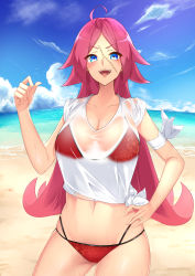 Rule 34 | 1girl, absurdres, ahoge, bikini, blue eyes, breasts, cleavage, collarbone, commentary request, fate/grand order, fate (series), francis drake (fate), hand on own hip, highres, kyoken, large breasts, long hair, midriff, navel, red bikini, red hair, scar, scar on face, see-through, see-through shirt, shirt, solo, swimsuit, t-shirt, tied shirt, very long hair, wet, wet clothes, wet shirt, white shirt