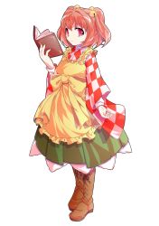 Rule 34 | 1girl, alphes (style), apron, bad id, bad pixiv id, bell, book, boots, character name, checkered clothes, checkered shirt, clothes writing, dairi, full body, hair bell, hair ornament, japanese clothes, jingle bell, motoori kosuzu, parody, red hair, shirt, solo, style parody, touhou, transparent background, twintails, two side up, white background, wide sleeves