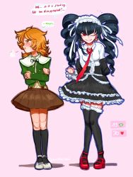 Rule 34 | 1boy, 1girl, absurdres, black hair, black ribbon, black thighhighs, blush, bonnet, brown hair, celestia ludenberg, clenched hand, collared shirt, commentary, crossdressing, crossed arms, danganronpa: trigger happy havoc, danganronpa (series), drill hair, earrings, english commentary, english text, frilled thighhighs, frills, fujisaki chihiro, full body, gothic lolita, green jacket, hair ornament, highres, jacket, jewelry, layered skirt, lolita fashion, long hair, long sleeves, looking at viewer, male focus, meme, miniskirt, neck ribbon, necktie, one eye closed, pleated skirt, red eyes, red footwear, red necktie, ribbon, school uniform, shirt, short hair, skirt, smile, thighhighs, trap, twin drills, twinklelitchii, twintails, twitter strip game (meme), undressing, white shirt