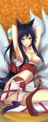 Rule 34 | 1girl, ahri (league of legends), animal ears, armpits, arms up, ball, black hair, breasts, cameltoe, facial mark, fox ears, fox tail, high heels, highres, korean clothes, large breasts, league of legends, long hair, long image, looking at viewer, mitsudomoe (shape), mu (swag01), multiple tails, nr noir, panties, pantyshot, shoes, sitting, smile, solo, tail, tall image, thighhighs, tomoe (symbol), topless, underwear, whisker markings, white panties