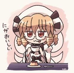 Rule 34 | 1girl, blonde hair, coffee, cup, dress, drill hair, fairy, fairy wings, food, glasses, hair between eyes, hat, holding, holding cup, long sleeves, luna child, pudding, red eyes, rokugou daisuke, short hair, signature, solo, spoon, tongue, tongue out, touhou, translation request, white dress, white hat, wings