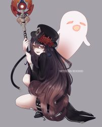 Rule 34 | 1girl, artist name, black shorts, boots, brown hair, commentary, fang, genshin impact, ghost, grey background, hair between eyes, hat, hat ornament, highres, holding, holding polearm, holding spear, holding weapon, hu tao (genshin impact), long hair, looking at viewer, mchemroo, parted lips, polearm, russian commentary, shorts, simple background, solo, spear, squatting, twitter username, very long hair, weapon